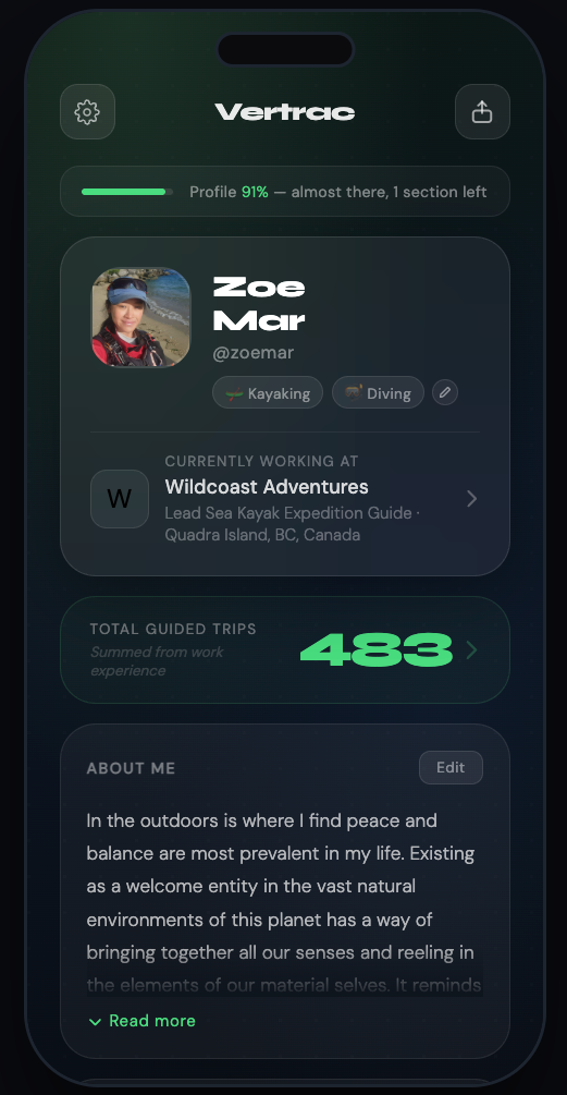 Vertrac mobile app — profile view