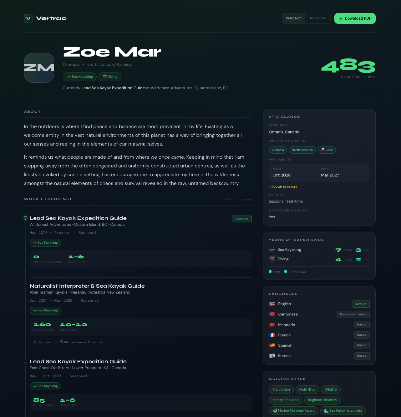 Vertrac public profile — desktop view